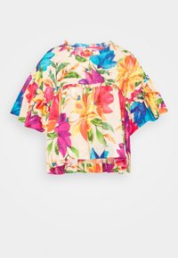 Blomstret top med livlige farver, korte ærmer med volanter og en samlet talje. Fremstillet af letvægtsstof med et lagdelt design.