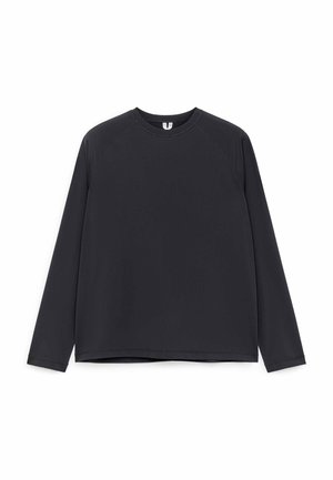 Black long-sleeve crew neck shirt with raglan sleeves, displayed flat on a white background.