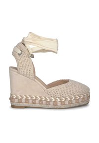 Espadrille compensée beige avec un dessus en textile tissé, un talon en cuir suédé et une bride de cheville en tissu. Présente une semelle en jute tressé.