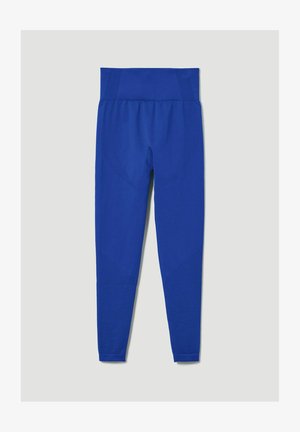 Leggings deportivos azules con una amplia cinturilla acanalada, patrones texturizados a lo largo de los lados y un diseño ajustado. Acabado en tela suave.