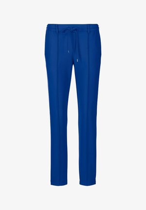 Blaue Sporthose mit elastischem Bund, Kordelzug und zwei vorderen Nähten. Hergestellt aus einem glatten Stoff mit schmaler Passform.