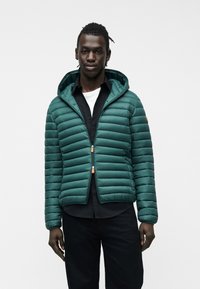 Άνδρας που φοράει πράσινο-μπλε καπιτονέ μπουφάν με κουκούλα πάνω από μαύρο πουκάμισο και λευκό εσώρουχο, στέκεται μπροστά σε απλό ανοιχτό φόντο.