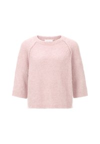 Pull léger rose pâle, doux et moelleux, à col rond, manches trois-quarts et coupe décontractée. Texture douce, sans motifs visibles ni accessoires.