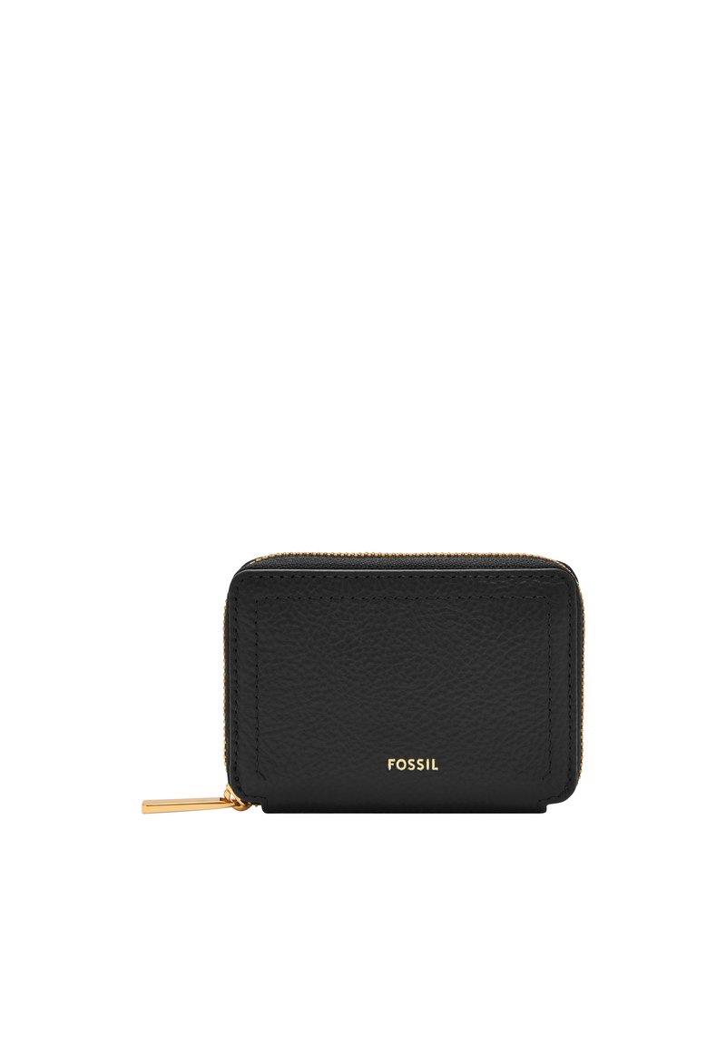 Black leather wallet with a textured surface, zip-around closure, gold hardware accent, and embossed logo on the front. Compact rectangular shape.