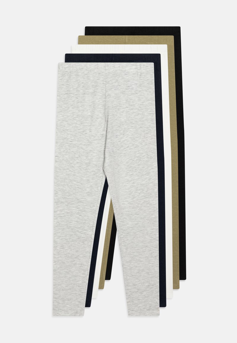 Cinco pares de leggings em cores variadas: cinza, azul-escuro, preto, oliva e branco. O tecido é suave e elástico com um design ajustado.