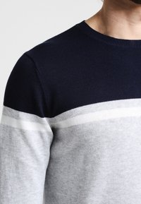Navyblau und grauer Strickpullover mit horizontalen Streifen in Weiß und Hellgrau, Rundhalsausschnitt, geripptem Kragen und weicher Textur.