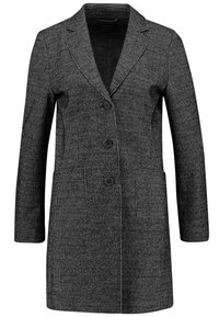 Blazer in tweed grigio con revers a lancia, tre bottoni, due tasche frontali e tessuto testurizzato con un motivo sottile.