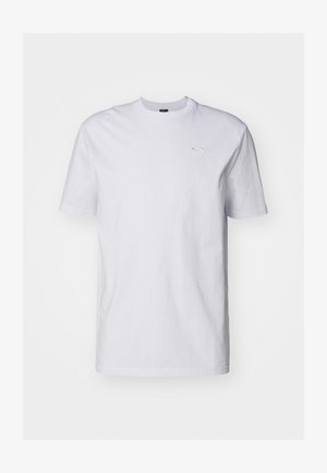 White cotton t-shirt with short sleeves and a crew neckline. Features a small, subtle logo in light blue on the chest. Smooth texture.