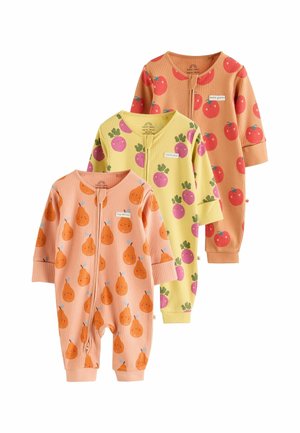 Trzy prążkowane body niemowlęce z suwakiem z przodu, każde z kolorowymi wzorami owoców: pomarańczowe gruszki, fioletowe rzodkiewki i czerwone pomidory na pastelowych tłach.