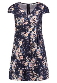 Robe à manches courtes bleu marine avec décolleté en V, taille cintrée et motif floral rose, blanc et bleu.