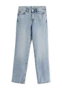 Jeans in denim azzurro chiaro con vestibilità dritta, cinque tasche e chiusura con bottone. Il tessuto presenta una texture leggermente sbiadita.