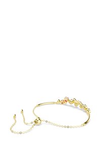 Goldene Armbanduhr mit geschwungenem Design, verziert mit Perlen und bunten Akzenten. Kettenverlängerung mit einem runden Verschluss am Ende. Schlankes und glänzendes Finish.