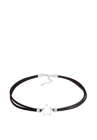 Leather choker with two black suede strands, featuring a silver star pendant and metallic accents. Adjustable clasp with chain extension.