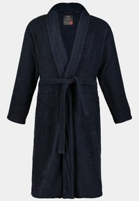 Navyblauwe badjas van terrycloth met lange mouwen, sjawlcollet, een strikband aan de voorkant en twee zijzakken. Zachte, gestructureerde oppervlakte.