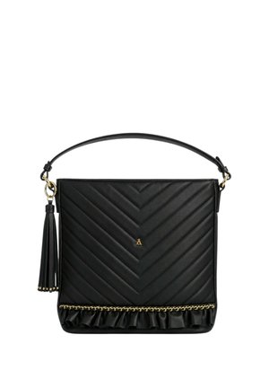 Borsa trapuntata nera con motivo a chevron, catena dorata e dettaglio con nappina, con una sola tracolla.