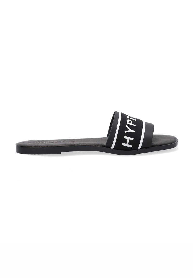 Black slide sandal featuring a wide strap with "HYPER" text and white stripes. Made of rubber with a flat sole. Smooth texture.