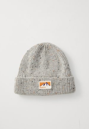 Grau gestrickte Mütze mit umgeschlagenem Bündchen, mehrfarbigen Sprenkeln und einem rechteckigen Etikett mit Bergen und dem "BARTS"-Logo.