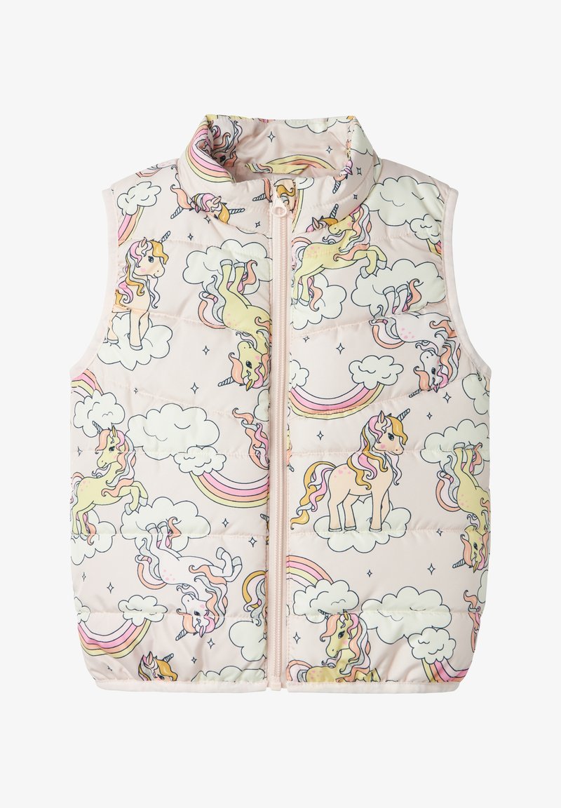 Børns ærmeløse lyserøde dunvest med lynlås foran, dekoreret med pastel unicorns, regnbuer og skyer mønster.