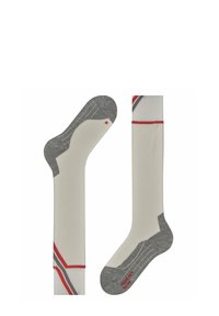 Des chaussettes de couleur claire avec un talon et un orteil gris, ornées de rayures rouges et grises. Le matériau semble doux avec un motif texturé sur la semelle.