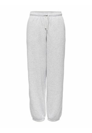 Jasnoszare dresy wykonane z miękkiej dzianiny bawełnianej; mają elastyczny pasek w talii z sznurkiem oraz elastyczne mankiety na kostkach.