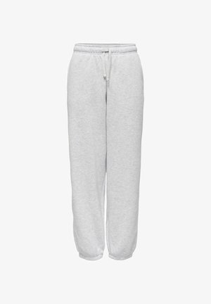 Pantaloni della tuta grigi chiari realizzati in morbido tessuto misto cotone; presentano un elastico in vita con coulisse e polsini elastici alle caviglie.