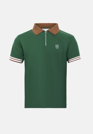 Green textured short-sleeve polo with brown collar, silver zipper, white and brown striped sleeve cuffs, and small white logo on the chest.