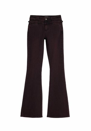 Dark burgundy flared jeans made from denim fabric. Features a zip fly, button closure, and subtle stitching details along the pockets.
