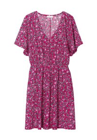 Floral short-sleeve dress in bright fuchsia with a V-neckline, gathered waist, and black, white, and pink floral patterns throughout.
