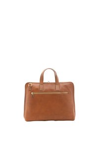 Borsa in pelle marrone con due manici superiori, una tasca con zip frontale e cuciture minime. Texture liscia, forma rettangolare e accessori in tonalità oro.