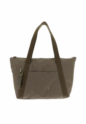 Sac en toile marron avec deux anses et une poche avant, doté d'un zip marqué.