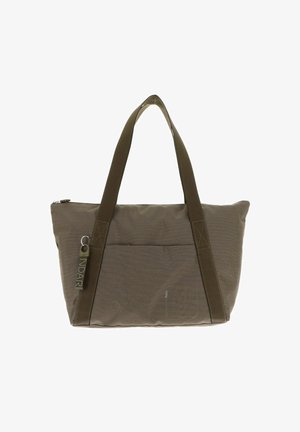 Sac en toile marron avec deux anses et une poche avant, doté d'un zip marqué.