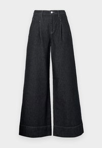 Schwarze Denim-Hosen mit weitem Bein und hoher Taille, mit vorderen Falten, einem Knopfverschluss und kontrastierenden Nähten an den Säumen.