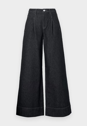 Schwarze Denim-Hosen mit weitem Bein und hoher Taille, mit vorderen Falten, einem Knopfverschluss und kontrastierenden Nähten an den Säumen.