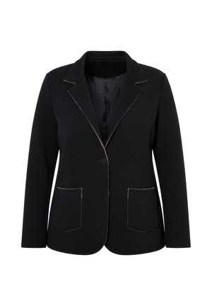 Sort enkelt-knap blazer med notch revers, to forreste påsyede lommer og subtil kontrastsyning langs kanterne.