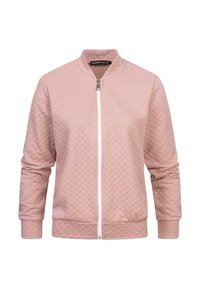 Šitá bomber bunda v měkké růžové látce, s bílým zipem, stojáčkovým límcem a žebrovanými manžetami a lemem. Texturovaný diamantový vzor.