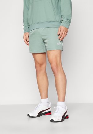 Person wearing sage green Puma shorts with matching sweatshirt, white Puma sneakers, and white socks, standing on a light floor against a plain wall.