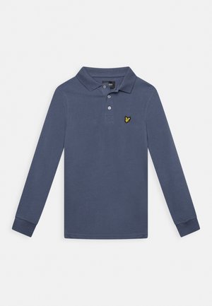 Polo à manches longues bleu marine en coton. Il présente un col, une patte de boutonnage à trois boutons, et un logo brodé jaune sur la poitrine.