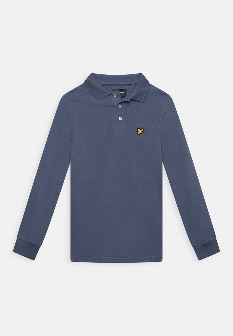 Camisa polo de manga larga en azul marino hecha de algodón. Presenta un cuello con solapa, una tapeta de tres botones y un logo bordado amarillo en el pecho.