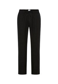 Schwarze Loungehosen mit elastischem Bund und verstellbarem Kordelzug. Hergestellt aus weichem, leichtem Stoff; mit einer lockeren Passform.