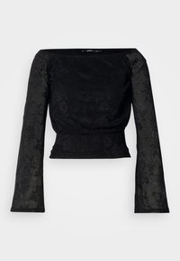 Svart topp med lange ermer og teksturert blomsterdesign. Har en tettsittende overdel og vide ermer, laget av et lett, gjennomsiktig materiale.