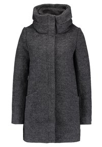 Grijze wollen jas met een hoge kraag, verborgen sluiting aan de voorkant en twee zijzakken. Heeft een textuurstof en een rechte snit.