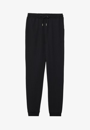 Čierne jogger nohavice vyrobené z mäkkej tkaniny, s elastickým pásom na šnúrku, bočnými vreckami a zúženými členkami.