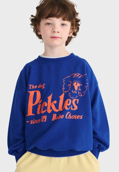 Dijete kovrčave smeđe kose koje nosi plavu majicu s narančastim grafičkim prikazom psa pod nazivom "Pickles" i žute hlače, stoji na svijetloj pozadini.