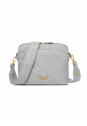 Gray textured faux leather crossbody bag with diagonal quilted pattern, gold-tone hardware, and adjustable strap. Features logo detail.