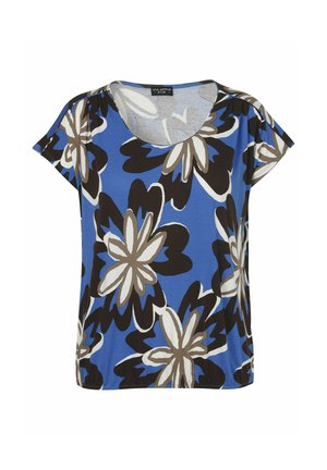 Blue short-sleeve blouse with large abstract floral pattern in black, beige, and white, featuring a round neckline.