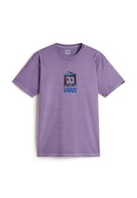 T-shirt di cotone viola con un design grafico nero e blu che presenta la parola "VANS" e un personaggio dei cartoni animati sul davanti. Maniche corte.