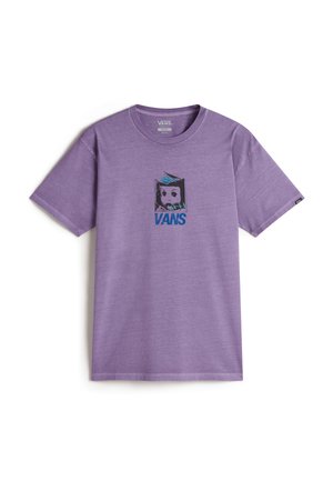 Purple cotton t-shirt featuring a black and blue graphic design with the word "VANS" and a cartoon character on the front. Short sleeves.