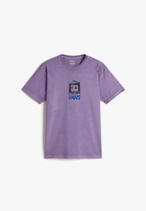 Lila Baumwoll-T-Shirt mit einem schwarz-blauen Grafikdesign, das das Wort "VANS" und eine Comicfigur auf der Vorderseite zeigt. Kurzärmlig.