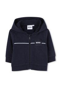 Navy zip-up dukserica od mješavine pamuka, s bijelom trakicom i kvadratnom džepom na prsima s "BOSS" logom. Glatka tekstura.
