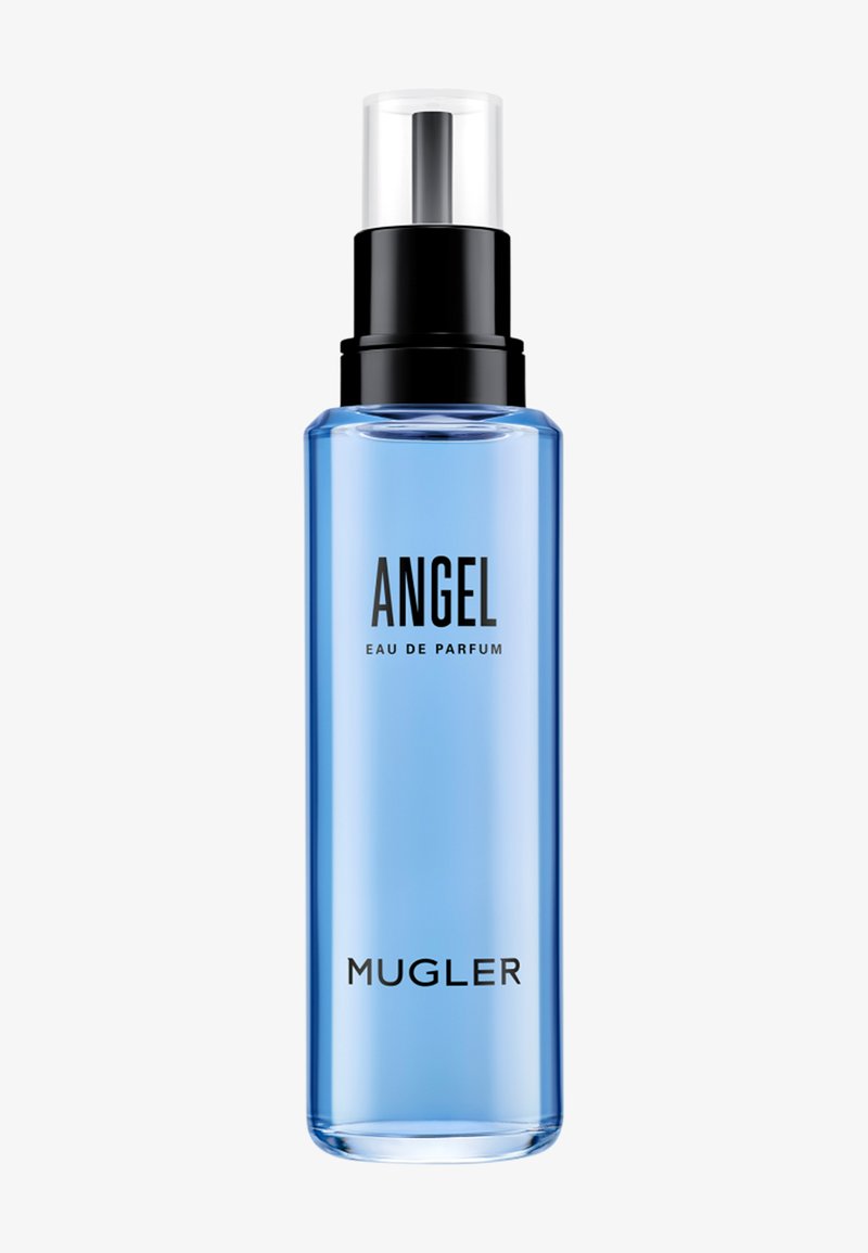 Flacon spray cylindrique bleu étiqueté Angel Eau de Parfum par Mugler avec un pulvérisateur noir et un capuchon transparent.